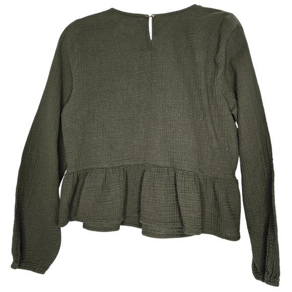 Copper Key Button-Back Peplum Top with Puff Sleeves - Picture 2 of 5